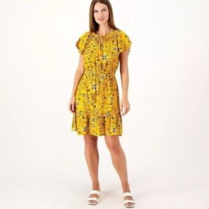 Canyon Retreat Petite Gold Floral Flutter Sleeve Dress w/ Tassel Petite XL